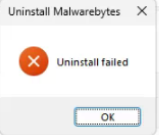 Windows dialog showing Uninstall Malwarebytes with the message Uninstall failed