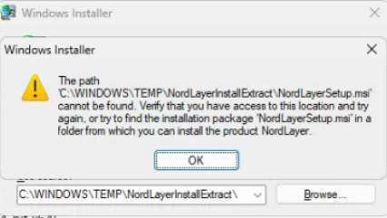 Windows Installer error dialog stating the path C:WINDOWS TEMP NordLayerInstallExtract NordLayerSetup.msi cannot be found