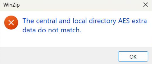 WinZip error dialog reading: The central and local directory AES extra data do not match